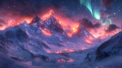 Snowy mountain peaks ablaze with aurora borealis and distant village lights against a starry sky, atmospheric scenic landscape on a transparent background, PNG image, PNG file.