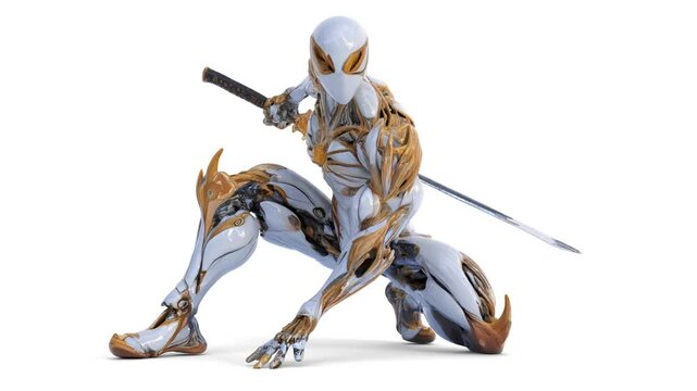 cyber ninja with sword on white background