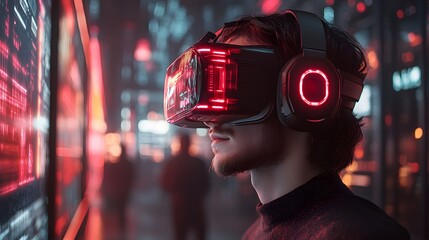 Person using augmented reality headset with glowing red elements and headphones, exploring virtual interface on a transparent background, PNG image, PNG file.
