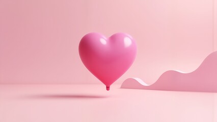 A pink heart shaped balloon floating in front of a pink wall.
