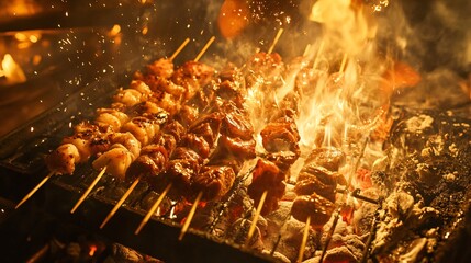 Close-up view of grilling skewers over hot coals.