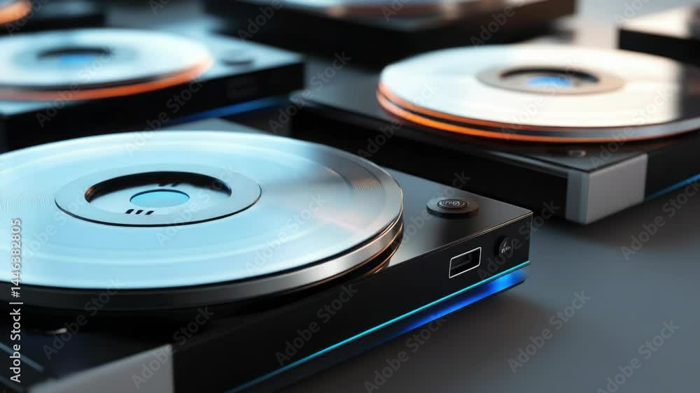 Poster A close-up view of a turntable on a table, ideal for use in music or technology-related contexts