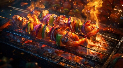 Flavorful skewers of meat and vegetables cooking over hot coals.