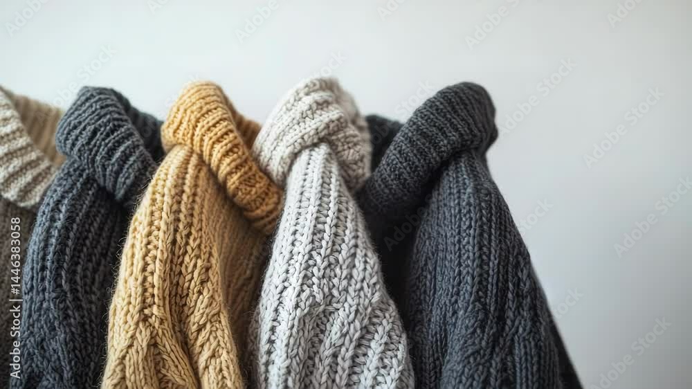Poster cozy sweaters displayed on a rack for selection and purchase