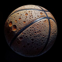 Basketball resembling the moon with crater-like texture in dark background