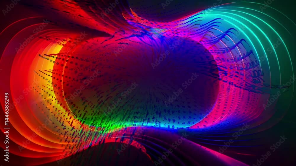 Poster vibrant abstract animation with swirling lights and glowing multicolor vortex shapes in motion