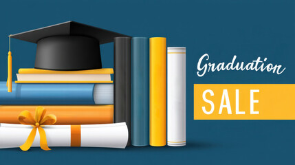 Special promotion for graduation season with books, a cap, and a diploma in a vibrant design