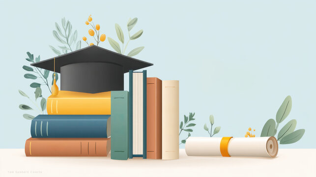 Graduation cap and books symbolize academic achievement in an educational setting