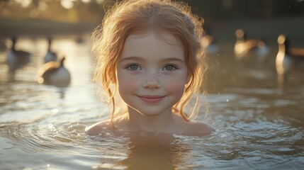 Child Enjoying a Serene Moment in Water with Ducks Golden Hour Lighting Outdoor Fun Nature C