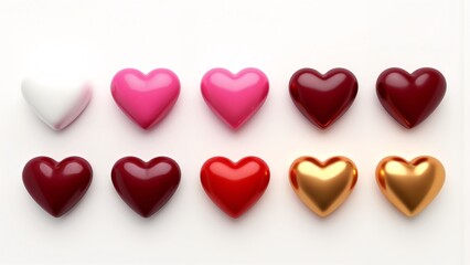 A group of different colored hearts on a white surface.