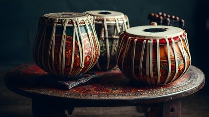 Traditional Indian Tabla Drums on an Ornate Table