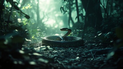 A coiled snake in a mystical forest environment.