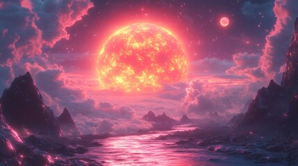 Vivid celestial vista featuring a glowing orb and pink clouds over a tranquil landscape, creating otherworldly feeling on a transparent background, PNG image, PNG file.