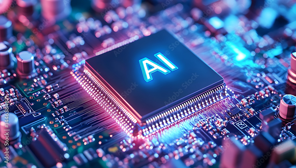 Poster ai chip technology artificial intelligence microchip circuit board closeup