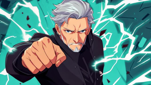 A powerful wizard with gray hair channels lightning magic, radiating contempt while in a striking black robe.