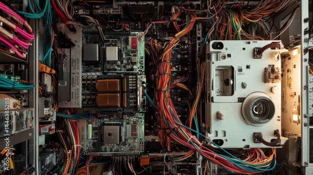 Poster complex electronic circuitry with numerous interconnected wires, circuit boards, and components. a t