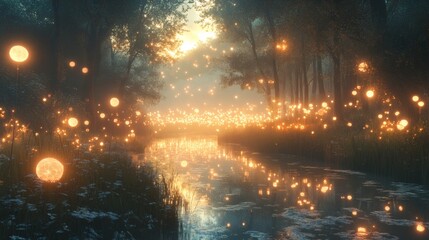 Fototapeta premium Mystical woodland scene features luminous orbs over placid water reflecting golden light, creating serene landscape, on a transparent background, PNG image, PNG file.