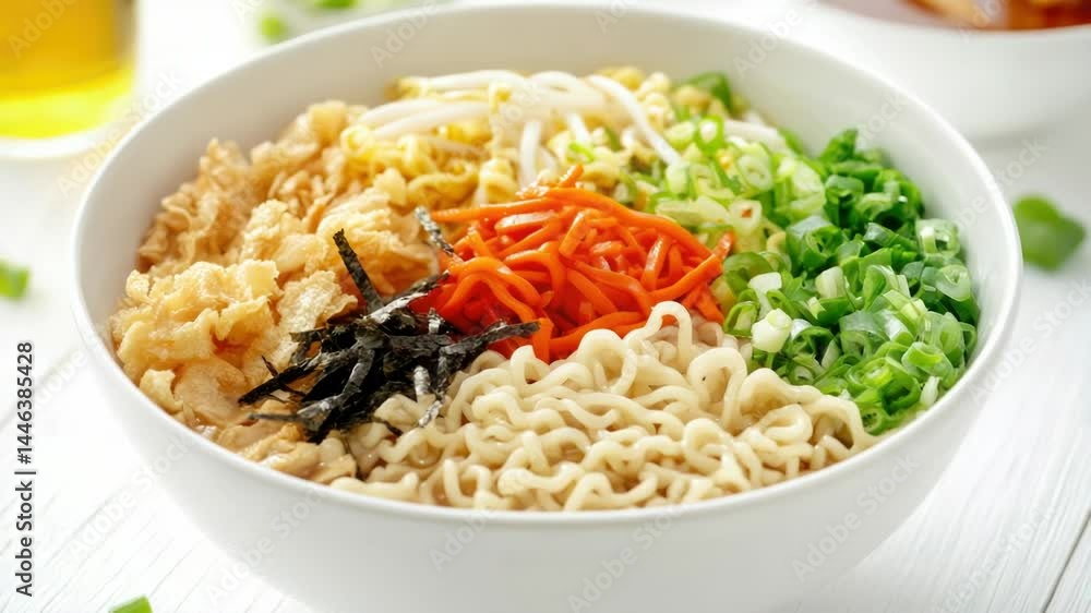 Poster a bowl of steaming hot ramen with various vegetables served on a table