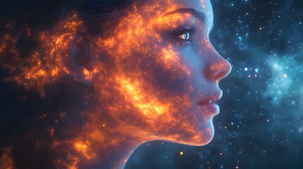 Glowing woman's profile with celestial cosmic energy radiating across her face, with twinkling starry particles, on a transparent background, PNG image, PNG file.