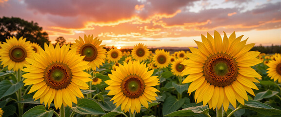 Fototapeta premium Sunflowers blooming against a dramatic sunset sky | Copy Space 