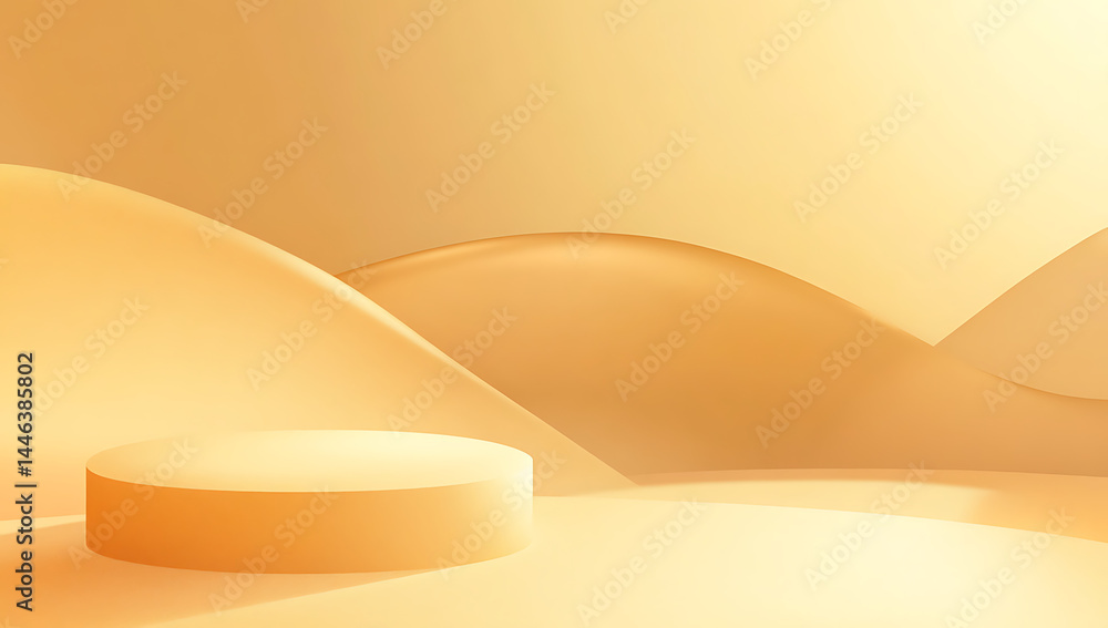 Poster golden abstract background with cylindrical display platform for product showcase