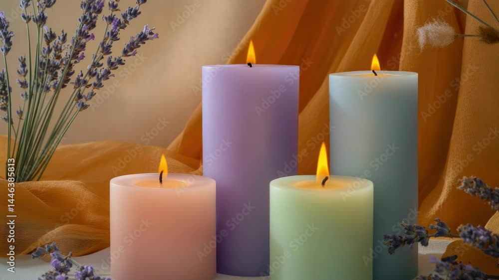 Poster three candles placed on a table, possibly as part of a dinner setting or decorative arrangement