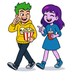 Cartoon Friends Walking to Cinema with Popcorn