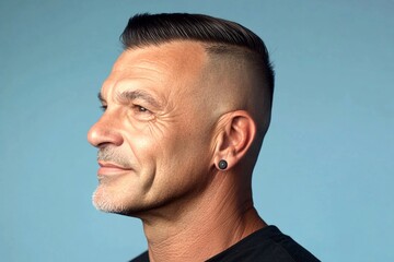 Concept art concept art of style for aging men. Blue solid background. Elegant men's buzz cut haircut - midlife white man with black hair. A strong and handsome man standing with grace.