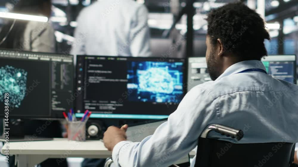 Poster server room programmer with paraplegia interprets ai generated data analytics graphs. man in wheelch