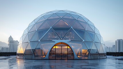Obraz premium Geodesic dome office stands on smooth reflective flooring high resolution image
