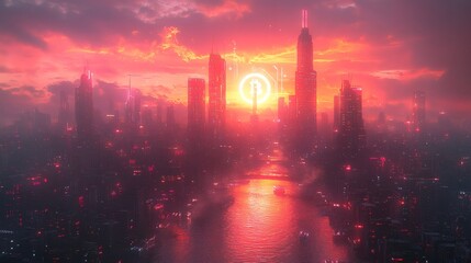 Glowing cityscape with futuristic architecture reflecting a vibrant sunset over the water, with a digital currency symbol on a transparent background, PNG image, PNG file.