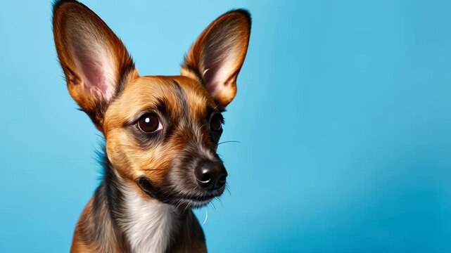 ute small dog with brown patches sitting against a bright blue backdrop, Ai Generated.