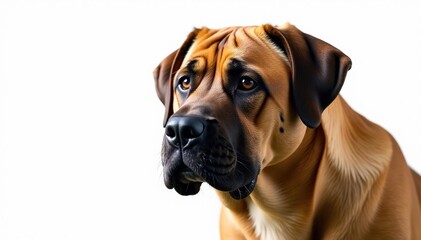 Fototapeta premium Noble mastiff head shot, intense gaze, pure white backdrop, ears, dog
