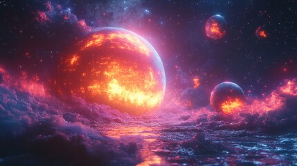 Fiery cosmic planet with luminous surface and other planets, a nebula and clouds reflecting on a wavy surface, on a transparent background, PNG image, PNG file.
