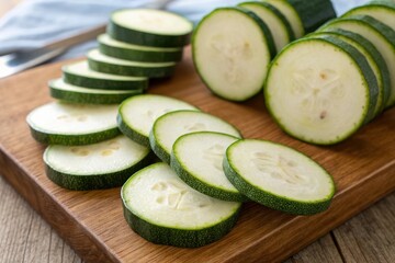 Wooden cutting board with slices of green zucchini on it