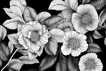Black and white floral design, detailed camellia blossoms and leaves.  Intricate line art on dark background