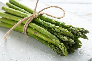 A bunch of green asparagus tied together on a white background