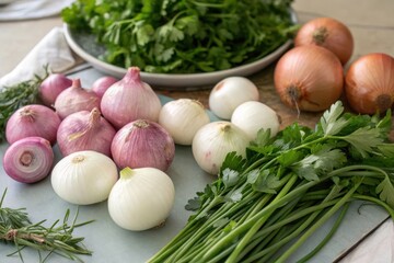 A variety of vegetables including onions, garlic