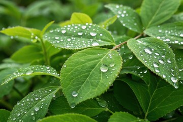 The leaves of a plant are covered in raindrops, giving the image a serene