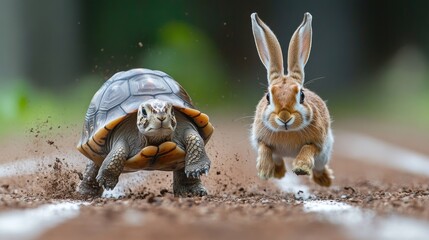 Tortoise and Hare Race: A Hilarious Wildlife Photo of a Determined Tortoise and a Swift Hare Engaged in an Epic Race.