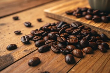 A pile of coffee beans on a wooden table