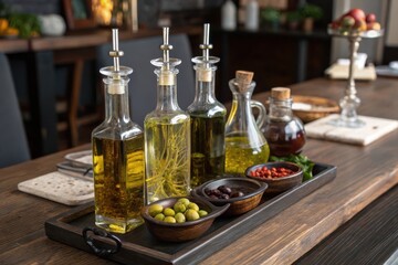 A wooden table with a tray of olive oil and other condiments