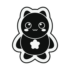 Kawaii Black Cat Sticker – Cute Chibi Cartoon with Flower Chest and White Outline