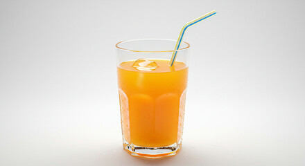 Glass of orange juice with straw, isolated on white. Drink image for summer, breakfast or refreshment visuals.