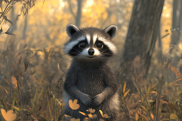 Obraz premium A curious raccoon stands amidst vibrant autumn foliage, surrounded by colorful flowers in a serene forest