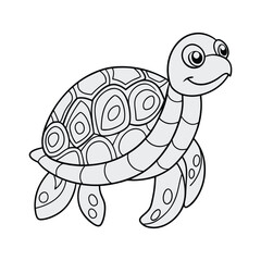 Cute Cartoon Turtle Coloring Page – Black and White Line Art with Smiling Face and Patterned Shell