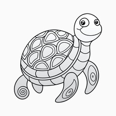 Kawaii Turtle Line Art – Cute Smiling Cartoon with Detailed Shell and Big Eyes
