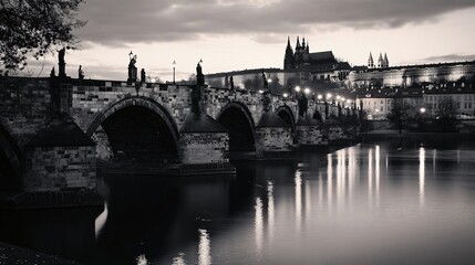 Obraz premium Monochromatic view of a historical stone bridge at twilight.