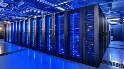 Rows of server racks in a modern data center.