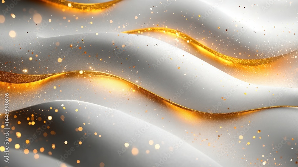 Poster elegant white abstract surface with flowing golden accent and bokeh effect